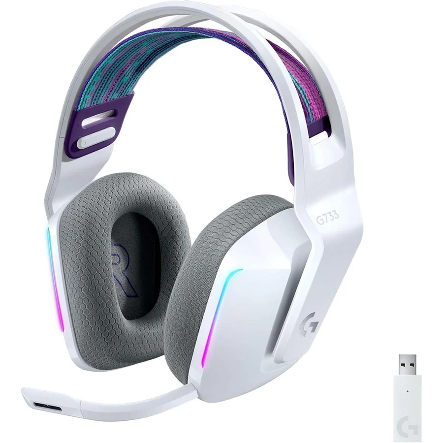 Logitech G733 Lightspeed Wireless Gaming Headset with Suspension Headband, Lightsync RGB, Blue VO!CE Mic Technology and PRO-G Audio Drivers - White & Black - New
